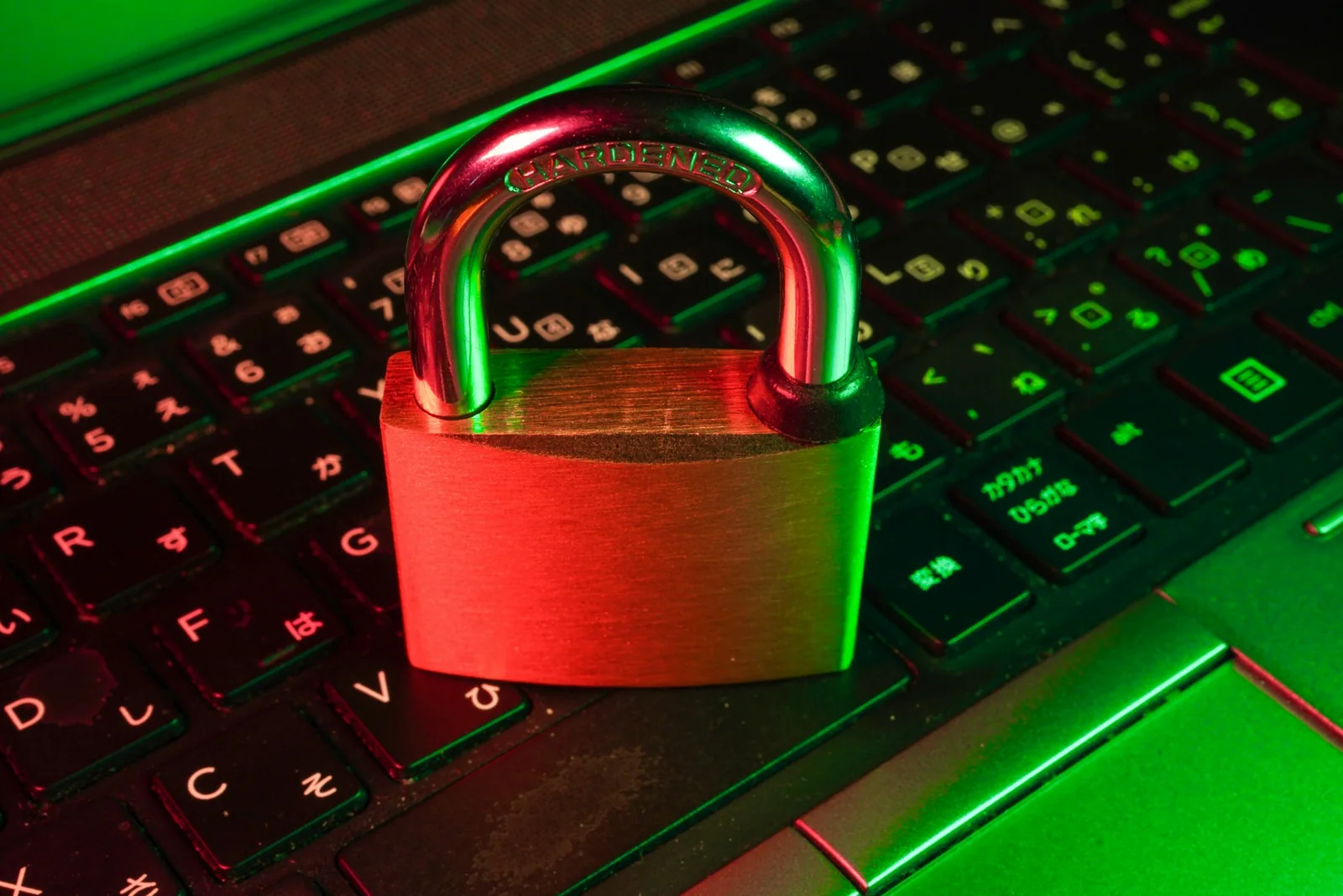 A physical red padlock resting on a computer keyboard